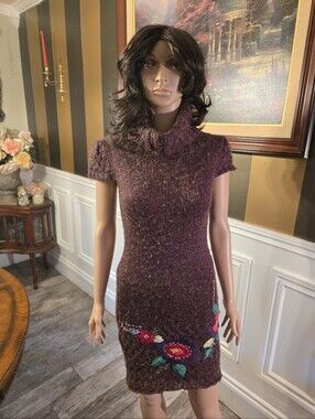 Desigual Plum Short-Sleeve Knit Dress with Floral Embroidery